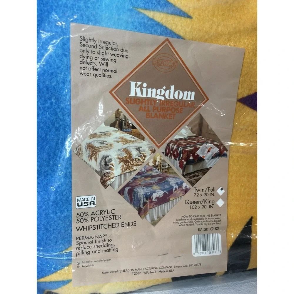 Vtg Beacon Kingdom Blanket Southwestern‎ Style Purple Blue Yellow Made In USA